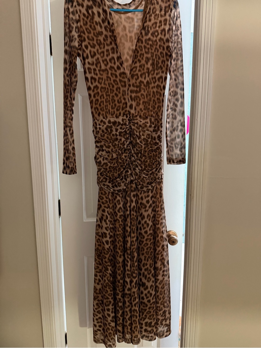 Bardot Brown Leopard Ruched V‑Neck Maxi Dress